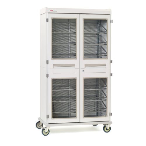 The Metro SXRD76MXD2 Starsys XD Extra Deep Mobile Supply Cabinet is a tall, double-wide unit on wheels with clear doors. It features key locking for security and includes multiple shelves with a durable metal structure for optimal organization.
