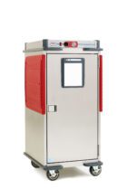 The Metro C5T8X-ASB C5 T-Series Heated Transport Cabinet, featuring red handles and a small windowed central door, has adjustable bottom load slides. This stainless steel unit operates on 220-240V at 50/60Hz and is mounted on four wheels for mobility against a plain white background.