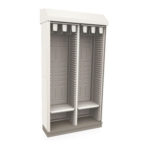 vdbqext7q9yq83x2q2o48217nomkskby.jpg A light gray, tall, empty dual-compartment metal cabinet features an open front with mounting brackets and shelves. Its ribbed interior offers organized cable or equipment storage, inspired by the Metro SXRD80SCATHTD Starsys Tambour Door Stationary Catheter Storage Cabinet, Double Wide, Full Depth design.