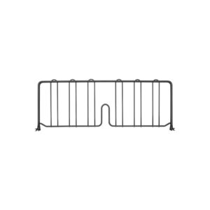 The 24 black Metro DD24BL Super Erecta Shelf Divider features vertical bars, small top hooks, and a unique U-shaped notch at the center bottom, elegantly set against a white background.