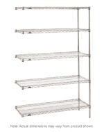 The Metro 5AN377C Super Erecta 5-Shelf Industrial Wire Shelving Add-On Unit features adjustable chrome shelves and a sturdy open metal frame, measuring 18 x 72 x 74, though actual dimensions may vary. Ideal for storage.