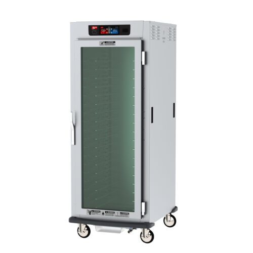 The Metro C599-SFC-UPFSA C5 9 Series Cabinet is a full-height unit featuring a clear glass front door, universal wire slides, caster wheels, and a digital display. Its designed for optimal food service with its controlled humidity system and sturdy gray metal build.