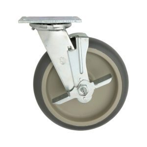 The Metro C8DBA 8 High Modulus Donut Swivel/Brake C-Plate Caster features an industrial grey wheel with a metal mounting plate, dark grey rubber edge, and light grey center, providing smooth mobility for custom truck dollies.