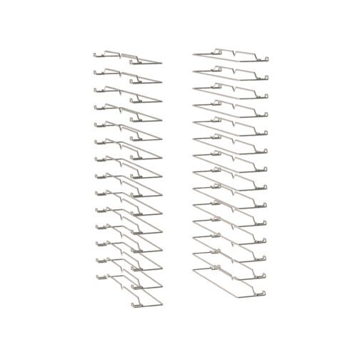 Two interconnected, vertical metal racks showcase the Metro C5-USLIDE-7S Stainless Steel Universal Slide Upgrade for 3/4 Height C5 Series Cabinets, featuring slanted wire arms ideal for storing or drying art pieces against a white background.