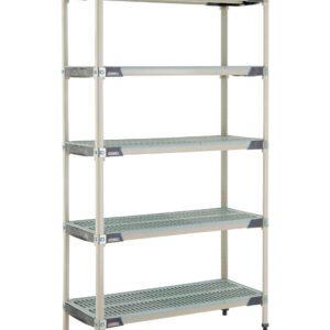The MetroMax i 5X347GX3 industrial shelving unit, measuring 18 x 42 x 74, has five perforated shelves for optimal storage and a sturdy frame with adjustable feet for stability on uneven surfaces.
