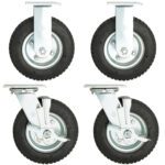 The Metro MBQ-8AIR 8 Semi-Pneumatic Caster Upgrade for MBQ Banquet Cabinets is displayed on a white background, featuring top fixed mounts and bottom swivel mounts. Made of metal with sturdy black rubber tires, these casters are ideal for banquet cabinets.