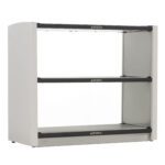 The white modular shelving unit, similar to the Metro2Go GG2C-HS1842 Grab and Go 2-Shelf Hot Station, features three black horizontal shelves with open sides. Caution labels on the front ensure safety. Its sturdy, practical, and ideal for storage and display.