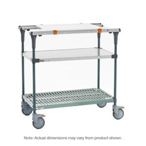 The Metro MS1848-FSPR-PK1 PrepMate MultiStation 48 Prep Station with Accessory Pack 1 includes a solid stainless steel top shelf, Super Erecta Pro bottom shelf, and Metroseal Green Epoxy posts. It features gray shelves with orange accents and four swivel casters for mobility. Dimensions may vary.