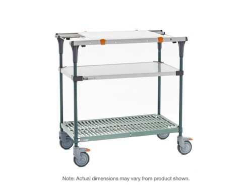 The Metro MS1848-FSPR-PK1 PrepMate MultiStation 48 Prep Station with Accessory Pack 1 includes a solid stainless steel top shelf, Super Erecta Pro bottom shelf, and Metroseal Green Epoxy posts. It features gray shelves with orange accents and four swivel casters for mobility. Dimensions may vary.