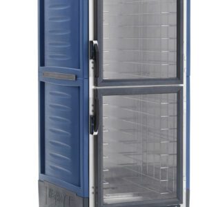 The Metro C539-MDC-L-BUA is a blue, full-height commercial warming cabinet with Dutch clear doors and lip load aluminum slides. It features wheels for easy mobility, has bottom control knobs, and operates at 120V, 60Hz, 2000W.