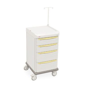 Meet the Metro SXRSISO Starsys Isolation Cart: equipped with four yellow-handled drawers, an IV pole on top, and four wheels for easy mobility. Its sleek flat white surface makes it ideal for healthcare environments.