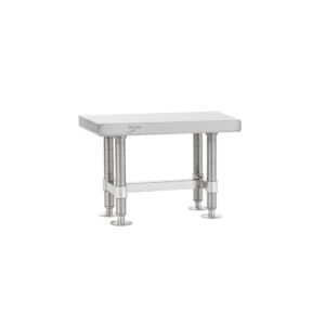 The Metro GB1224S Stainless Steel Gowning Bench offers a minimalist industrial design with a 12 x 24 flat surface and four cylindrical legs for stability, making it ideal for heavy-duty use.