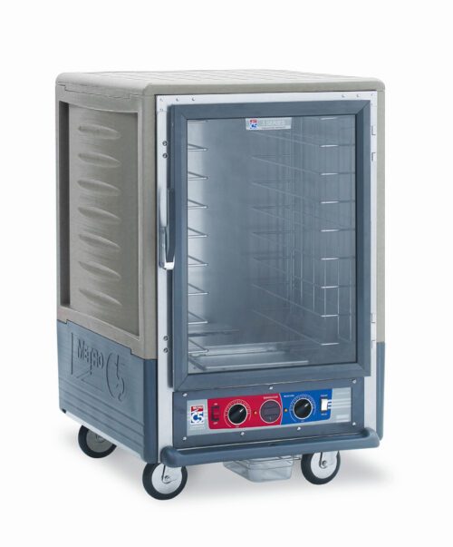 vs7q16iumv99x1lgsp8t8sgra7nh3i1y.jpg The Metro C535-CXFC-4-GYA C5 3 Series Insulated Holding/Proofing Cabinet is a portable unit with a full-length clear door and fixed wire slides, operating at 220-240V, 50/60Hz. It has a sleek gray exterior and is ideal for showcasing food on multiple racks.