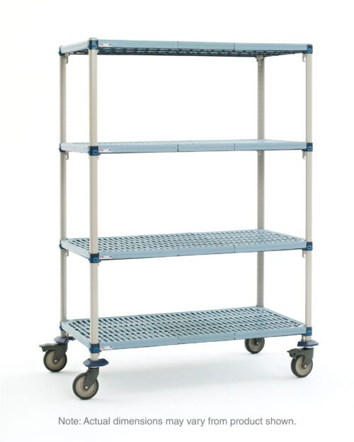 Introducing the MetroMax Q Q356EG3, a mobile cart with four open grid industrial plastic shelves on caster wheels. Its versatile design features grey shelves and a silver frame, measuring 18 x 48 x 68. Note: Actual dimensions may vary from product shown.