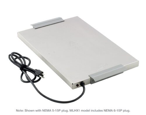 The Mightylite MLHX1 Heater, compatible with models ML300, ML400, ML180, and ML180XL, boasts a sleek rectangular design with two handles at either end and an integrated power cord for 240V usage.