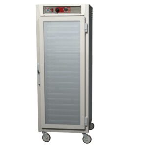 A Metro C569L-SFC-LPFCA C5 6 Series pass-thru holding cabinet, full height and on wheels, features a full-length clear door, vented top section, lip load aluminum slides inside, side handle, and top panel controls. Its insulated and operates on 120V/60Hz at 1440W.