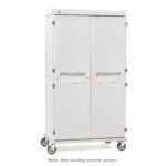 The Metro SXRD76MXD6 Starsys XD Extra Deep Mobile Supply Cabinet is a tall, white, double-door unit on wheels with sturdy handles and solid code-locking doors, designed for organization and mobility in various settings.