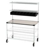 The Metro CR2448DSS Workstation, 24x48x65.75, features a metal rolling cart with four wheels, a flat tabletop, two wire shelves below, a shelf above, and black storage bins beneath the top shelf.