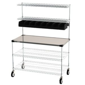 The Metro CR2448DSS Workstation, 24x48x65.75, features a metal rolling cart with four wheels, a flat tabletop, two wire shelves below, a shelf above, and black storage bins beneath the top shelf.