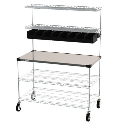 w0l7ogydw0wcigbujkoraxavgavi1l31.jpg The Metro CR2448DSS Workstation, 24x48x65.75, features a metal rolling cart with four wheels, a flat tabletop, two wire shelves below, a shelf above, and black storage bins beneath the top shelf.