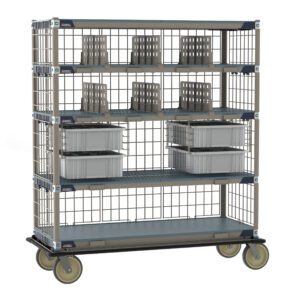 The Metro ECT56DX3 MetroMax i Deluxe Cart, 24 x 60, is a robust storage solution featuring four shelves with wire baskets and gray plastic bins on the bottom layers, all on wheels for easy transport.