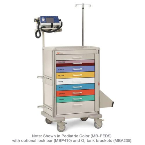 w3ow4k33x9njeay3umdlg2q7dq4628os.jpg The Metro MBP8100PEDS Basix Plus Pediatric Crash Cart has 7 colorful drawers: pink, purple, yellow, blue, white, another blue, and green. It includes an IV pole and top machine with a note below detailing its key features.