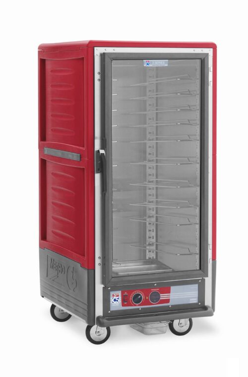 The Metro C537-HLFC-UA C5 3 Series 3/4 height insulated holding cabinet in red includes a full-length clear door, universal wire slides, interior tray racks, and four wheels. Its controls and temperature indicators are easily accessed on the lower front panel for convenience.