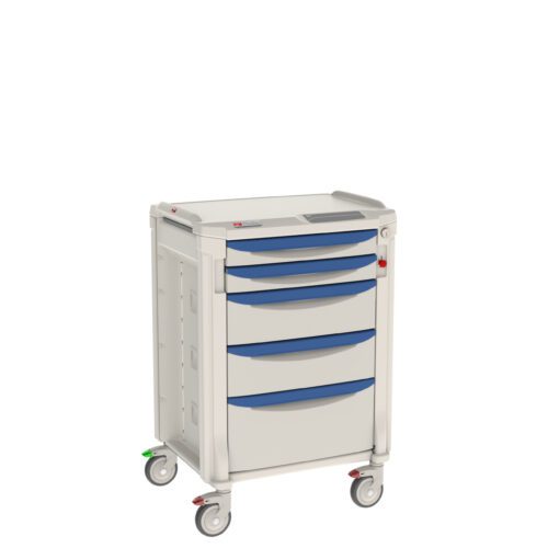 w53662y9uya6fh3lcp0s7we763s4m5es.jpg The Metro FLNK22100 Flexline Medical Cart boasts a white frame with four blue drawers, a flat top for utility, and side handles for easy movement. Its wheels feature red and green indicators for safety.