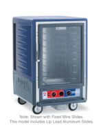 The Metro C535-MFC-L-BU is a 1/2 height blue cabinet with a full-length clear door, featuring fixed wire and lip load aluminum slides, movable on wheels. It includes a bottom control panel with knobs for optimal functionality.