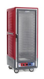 The Metro C539-MFC-4A C5 3 Series Cabinet features a red design with a full-length clear door, fixed wire slides, and control knobs. Mounted on wheels for easy mobility, it operates efficiently at 120V/60Hz and uses 2000W.
