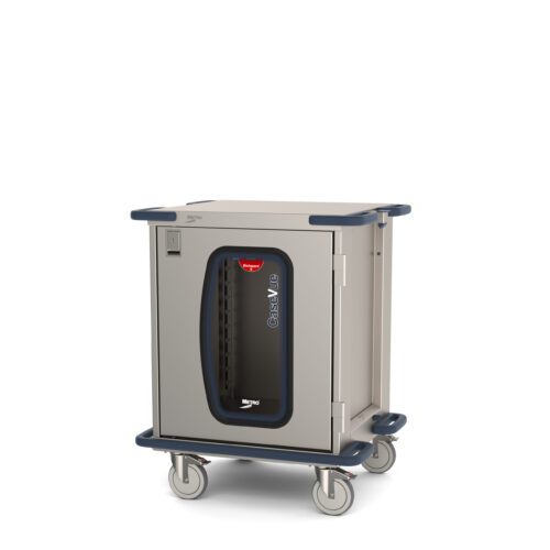 A Metro CaseVue CV24LC-NB surgical case cart, in gray with a clear door and red CesaVue label, measures 33.5W x 28D x 40.625H and includes four wheels for mobility and blue corner bumpers.