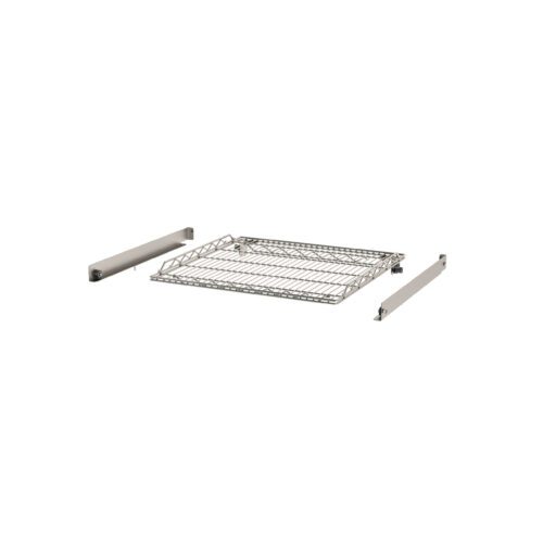 The Metro CV2424W Wire Roller Shelf, measuring 24 x 24, features two detachable side brackets for efficient storage and organization, making it ideal for CaseVue Surgical Case Carts and visually striking against a white background.