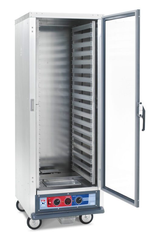 The Metro C519-PFC-L C5 1 Series Full Height Proofing Cabinet has Lip Load Aluminum Slides and an open glass door with multiple tray shelves. This mobile unit is on wheels, powered by 1440W at 120V, 60Hz, with intuitive bottom front control dials for precise temperature settings.