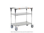 The Metro MS1830-FGFG-PK1 PrepMate MultiStation is a three-tiered cart with swivel wheels, solid galvanized top and bottom shelves, chrome posts, and orange corner protectors. Dimensions may vary from product shown.