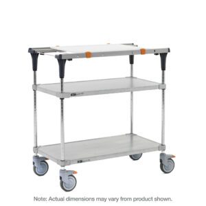 The Metro MS1830-FGFG-PK1 PrepMate MultiStation is a three-tiered cart with swivel wheels, solid galvanized top and bottom shelves, chrome posts, and orange corner protectors. Dimensions may vary from product shown.