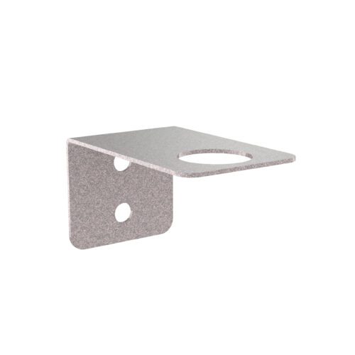 A flat, L-shaped metal bracket with two holes on the vertical side and one on the horizontal, featuring a Metroseal Gray Epoxy finish. This versatile bracket is similar to the Metro BCSK4 Super Erecta Wall Mount Intermediate Post Bracket in both function and style.