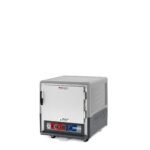 The Metro C533-MXFS-L-GYA C5 3 Series is an undercounter insulated moisture heated holding/proofing cabinet with a gray full-length solid door and sleek industrial design. It operates at 220-240V, 50/60Hz, includes red and blue knobs on the control panel, and has wheels for easy mobility.