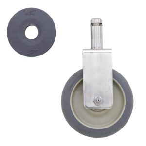 A gray rubber caster wheel with a metal bracket and axle, labeled Metro 5MDRGSA, is shown alongside a matching gray rubber disc featuring Metro on it. This 5 high modulus donut design suits Super Erecta wire shelving racks; both items are set against a white background.