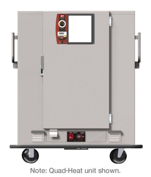 The large gray Metro MBQ-120XA banquet cabinet features front panel controls, a viewing window, and handles for easy mobility. It operates at 220V using the Standard Electric Thermal System for reliable performance. The bottom section is labeled Quad-Heat Unit.