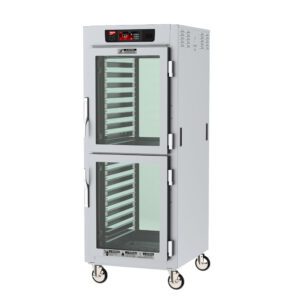 The Metro C589X-SDC-LPDC C5 8 Series is a full-height, insulated pass-thru holding cabinet with Dutch clear doors and Lip Load Aluminum Slides. It features multiple interior racks, is mounted on wheels for portability, and includes a digital control panel for 220-240V power with a top-mounted temperature display.