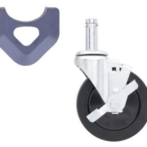 A Metro 5MBX 5 Resilient Rubber Swivel/Brake Stem Caster for MetroMax Industrial Plastic Shelving Racks with a black tire is on the right. To the left, there’s a gray, U-shaped plastic component for MetroMax Shelving Racks.
