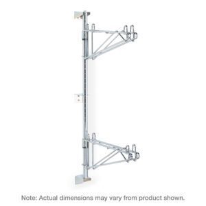 The Metro AW21C Super Erecta Post-Type Wall Mount Mid Unit Kit, in chrome, is designed for flexibility with dual support arms and horizontal brackets, accommodating a 14 shelf width and offering varied installation options.