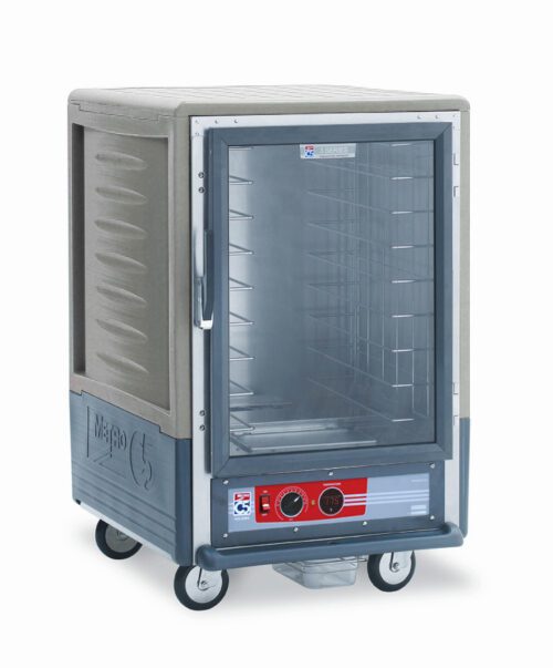 The Metro C535-HLFC-4-GY is a 1/2 height, insulated holding cabinet with a full-length clear door, fixed wire slides, bottom control dials, and interior shelves. It features a textured gray exterior and wheels for mobility, operating efficiently at 120V and 60Hz.