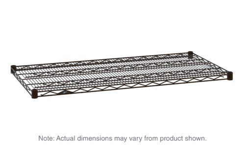 The product shown is a Metro Super Erecta 1442N-DCH Industrial Wire Shelf, featuring a grid pattern against a white background and equipped with four circular corner attachments. It has dimensions of 14 x 42 and comes in a Copper Hammertone finish. Note: Actual dimensions may vary from product shown.
