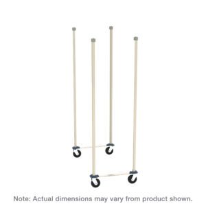 The Metro MQTTM21C Mobile Unit Kit, featuring epoxy-coated steel posts and plated casters, is a mobile frame with three upright poles and two horizontal bars. Note: Actual dimensions may vary from product shown. Ideal for 21 wide MetroMax shelving against a white background.