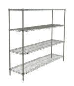 The Metro N376BR Super Erecta 4-Shelf Industrial Wire Shelving Starter Unit in Brite finish has adjustable wire shelves and sturdy supports, measuring 18 x 72 x 63, ideal for ample open storage space.