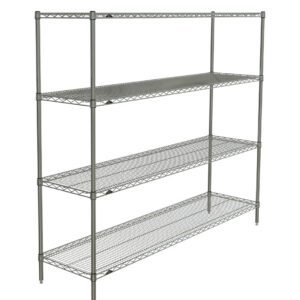 The Metro N376BR Super Erecta 4-Shelf Industrial Wire Shelving Starter Unit in Brite finish has adjustable wire shelves and sturdy supports, measuring 18 x 72 x 63, ideal for ample open storage space.