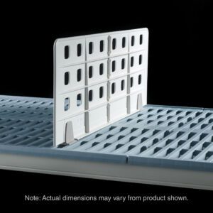 The Metro MUD18-8 Light Duty Shelf Divider for Industrial Wire and Plastic Grid Shelving stands vertically on a grey-blue grid surface, creating two sections. Featuring small rectangular cutouts, its ideal for open grid shelves. Note: Actual dimensions may vary from product shown.