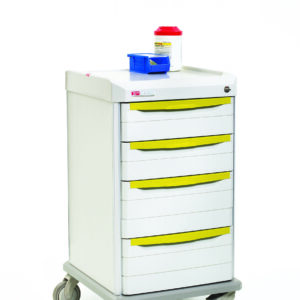 The Metro SXRSISO1 Starsys Isolation Cart includes four drawers with yellow handles and is mounted on wheels for easy movement. It features a small blue container and a larger white cylindrical container with a red lid, all set against a white backdrop.