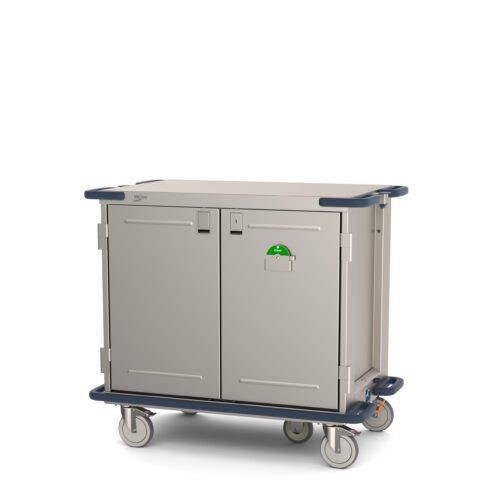 The Metro CaseVue CV36LS-5B Surgical Case Cart with Solid Doors and 5th Wheel Steering measures 45.5W x 28D x 40.625H. It boasts a sturdy, rectangular design with two doors, four wheels for mobility, protective corner bumpers, a side handle, and one door has a green label.